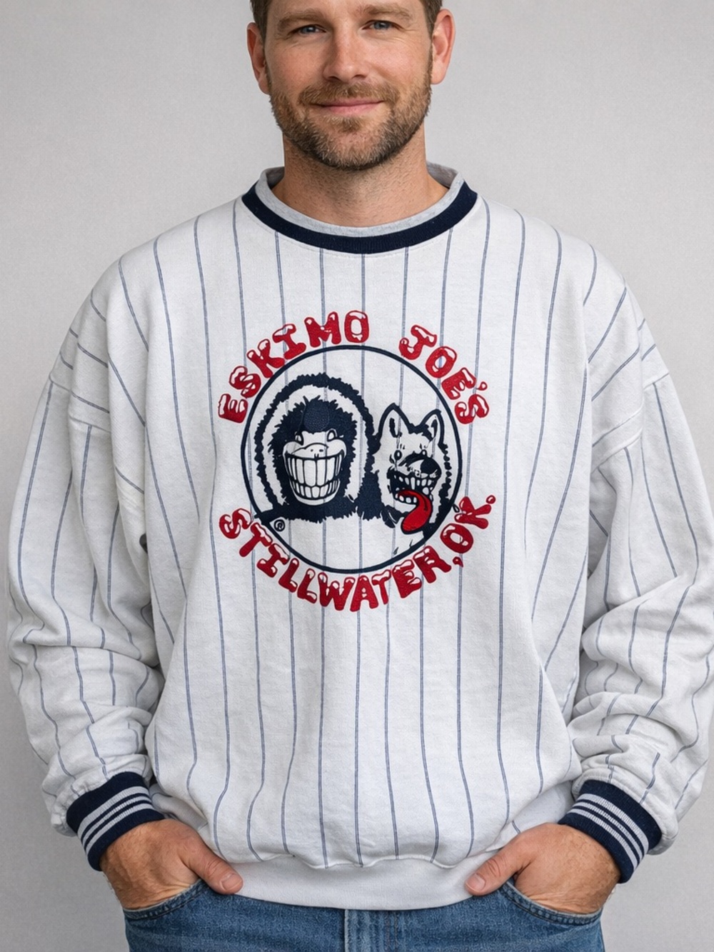 💖 Vintage Eskimo Joe’s Pinstripe Cotton-Blend Sweatshirt, Size XL